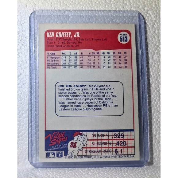 Ken Griffey Jr. 1990 Fleer MLB #513 Baseball Card Seattle Mariners - Picture 2 of 2